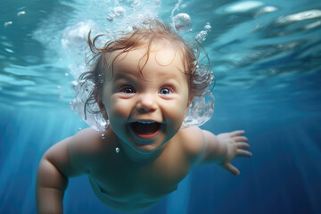 A  baby underwater in a pool