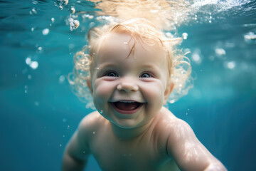 Fototapeta na wymiar A baby underwater in a pool