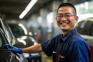 In a bustling car wash, dedicated asian employees meticulously clean and polish vehicles