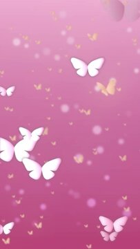The animated vertical background features flying paper butterflies with a soft pink background. Motion graphics in the concept of International Women's Day. The loop animated vertical video.