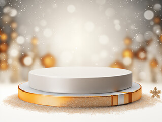 White round podium with gold ribbon accents, set against a soft, bokeh-filled festive background, evoking a warm holiday atmosphere.
