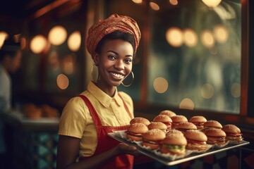 African waitress holding tray of burgers. Cheerful girl restaurant service order personnel....
