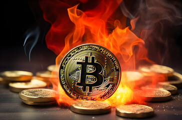 Crypto Crisis: Burning Bitcoin in Flames, Symbolizing the Loss of Investment in Market Downturn and Financial Turmoil