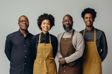 Professional African restaurant team. Chef cooking with waiters in aprons pub workers. Generate ai - Powered by Adobe