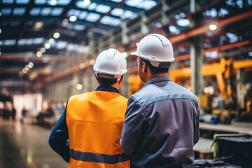 Rear view of Caucasian male engineer wearing safety vest and hardhat standing in warehouse. This is a freight transportation and distribution warehouse. Industrial and industrial workers concept