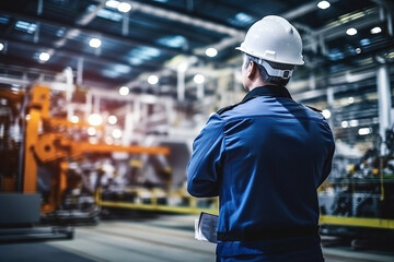 Rear view of Caucasian male engineer wearing safety vest and hardhat standing in warehouse. This is a freight transportation and distribution warehouse. Industrial and industrial workers concept