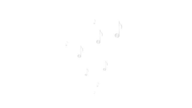 Animated silver notes fly from bottom to top. A wave of flying notes. Concept of music, song, melody. Vector illustration isolated on the white background.
