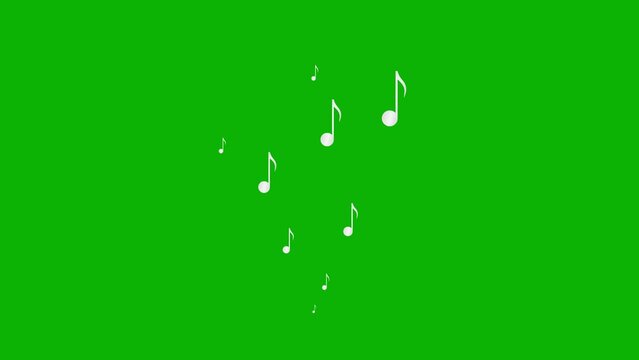 Animated silver notes fly from bottom to top. A wave of flying notes. Concept of music, song, melody. Vector illustration isolated on the green background.