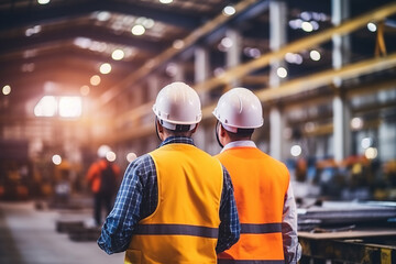 Rear view of Caucasian male engineer wearing safety vest and hardhat standing in warehouse. This is a freight transportation and distribution warehouse. Industrial and industrial workers concept