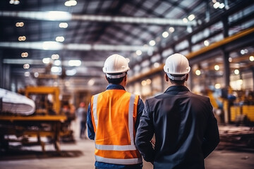 Rear view of Caucasian male engineer wearing safety vest and hardhat standing in warehouse. This is a freight transportation and distribution warehouse. Industrial and industrial workers concept