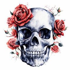Watercolor skull with rose flower. Hand painted illustration on white background