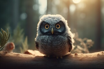 Cute baby owl in forest. Beautiful fluffy raptor bird staring with big eyes. Generate ai