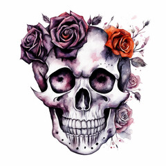 Watercolor skull with rose flower. Hand painted illustration on white background