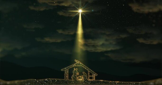 Bright Christmas scene animation with twinkling stars, Mary and Joseph, baby Jesus in manger. Seamless Loop of Nativity Christmas story under starry sky and moving wispy clouds. 4k