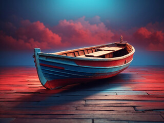 Fototapeta premium 3d Colorful old wooden boat isolated on gradient background. isometric 3d rendering fishing boat. 