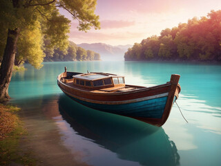 3d Colorful wooden boat isolated on gradient background. isometric 3d boat. - obrazy, fototapety, plakaty