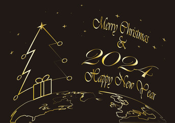 Christmas 2024. Felicitación navideña 2024. Feliz Navidad y Feliz Año Nuevo 2024 en trazo dorado sobre fondo negro, con un árbol de Navidad, la estrella, un regalo, estrellitas en el cielo y sobre el 