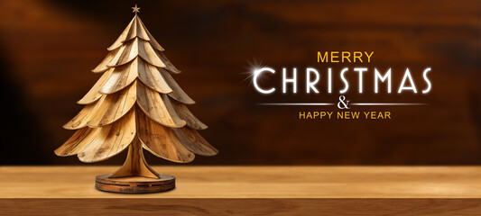 Fototapeta na wymiar Small wooden Christmas tree with a comet star on a wooden table with copy space and text Merry Christmas and Happy New Year. 