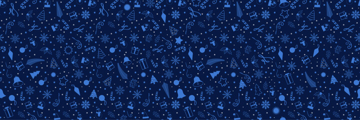 Big Blue Seamless Christmas Pattern filled with xmas decorations. Fun Christmas Pattern of xmas ornaments and icons. For backgrounds, presentations, wrapping papers, prints, artworks. EPS 10.
