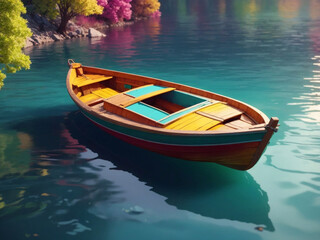 Naklejka na ściany i meble 3d Colorful wooden boat isolated on gradient background. isometric 3d boat.