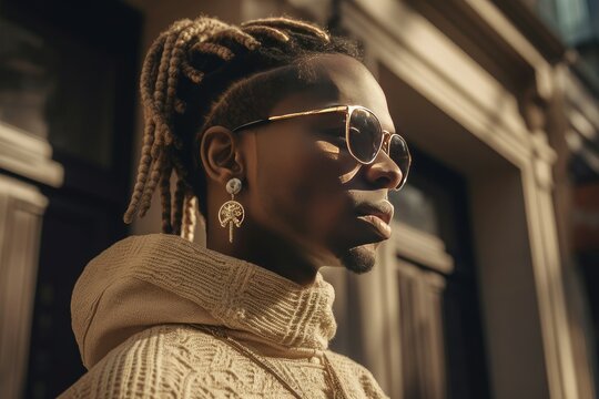 Black male in beige streetwear. Stylish African guy with dreadlock hairstyle. Generate ai