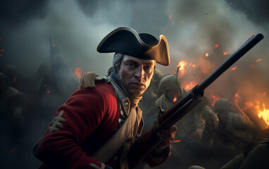Hyperealistic portrait of English soldier in red uniform with musket in midst of battle