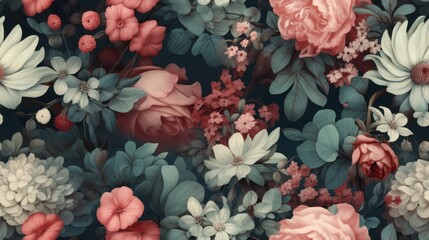Vintage botanical flower seamless wallpaper, vintage pattern for floral print digital background, texture, teal and white and pink flowers	
