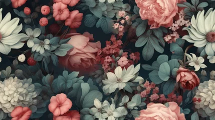 Foto auf Glas Vintage botanical flower seamless wallpaper, vintage pattern for floral print digital background, texture, teal and white and pink flowers   © bedaniel