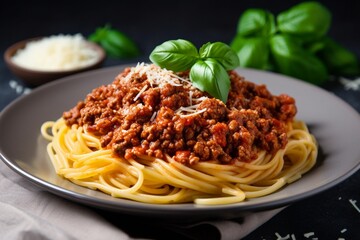 A plate of spaghetti bolognese topped with grated - obrazy, fototapety, plakaty