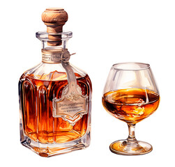 bottle and glass with whiskey, cognac. vintage watercolor illustration with alcohol	
