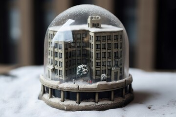 Block building in snow globe. Urban architecture construction in decorative sphere. Generate ai