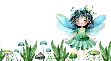 cartoon, cute little forest fairy. seamless border, frame, mushrooms and forest herbs. collection for scrapbooking, watercolor drawing - obrazy, fototapety, plakaty