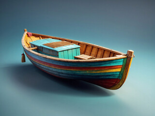 3d Colorful wooden boat isolated on gradient background. isometric 3d boat.