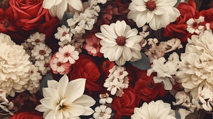 Vintage botanical flower seamless wallpaper, vintage pattern for floral print digital background, texture, red, white