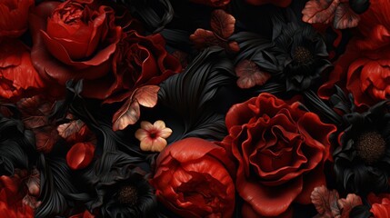 Vintage botanical flower seamless wallpaper, vintage pattern for floral print digital background, texture, red and black flowers	
