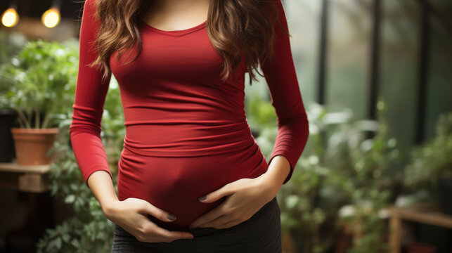 Pregnant woman. Pregnant woman in a sweatshirt with her hands on her stomach on a beautiful background of green plants.