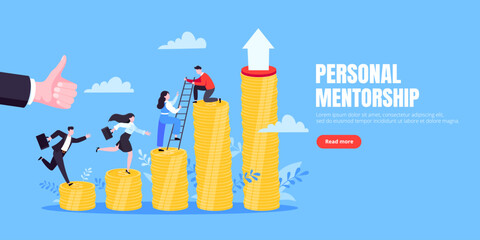 Naklejka premium Business mentor helps improve career and money stacks growing. He holds stairs steps vector illustration.