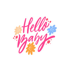 Hello Baby pink color script calligraphy lettering phrase.
