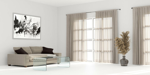 A Cozy Living Room with a Comfortable Couch, Stylish Table, and Beautiful Windows 3d render illustration