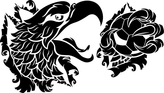 A bald eagle or hawk with claw talons holding a soccer football ball and ripping or tearing through the background. Sports Mascot