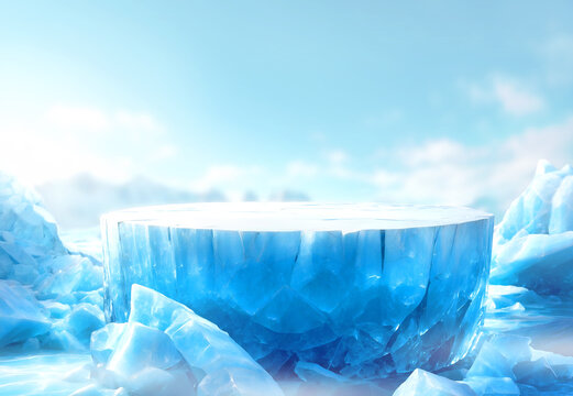 Glacier ice podium for mockup display or advertising of products.