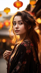 Fototapeta premium Young Asian woman with a city background and copyspace