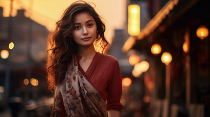Fototapeta premium Young Asian woman with a city background and copyspace