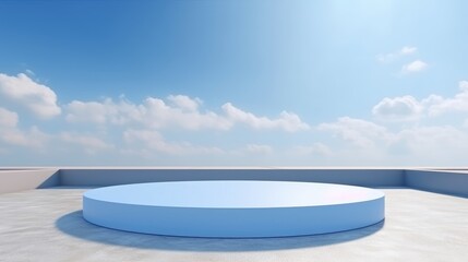 Empty podium for cosmetic presentation, blue scene for product exhibition, display, showcase. Cloudy blue sky background