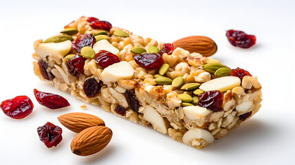Homemade organic granola protein bar with oats and seeds for breakfast white background.Macro.AI...