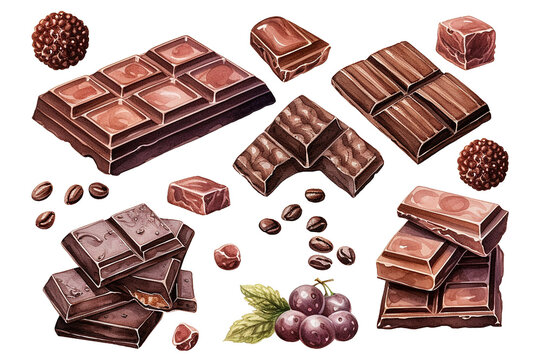 a large set of chocolates, chocolates, bars, cocoa beans. watercolor drawing in vintage style.