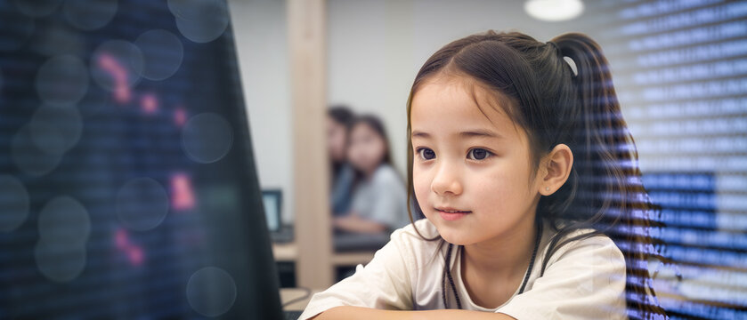 Young girl kid immersed in coding competition. basic programming class for kids in coding classroom, joyfully engaged children in class. Kids learning to code