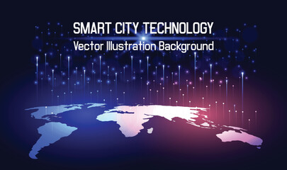 Smart City Technology background. Digital technology speeds up internet network connections with Earth on a blue and red background. Concept of Big data, cyber information, AI, Vector.