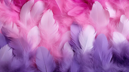 Beautiful background of feathers in purple, pink and coral colors.