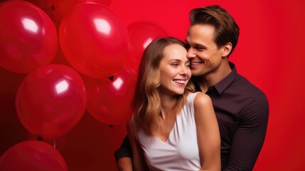 beautiful young couple in fresh and new love on red background